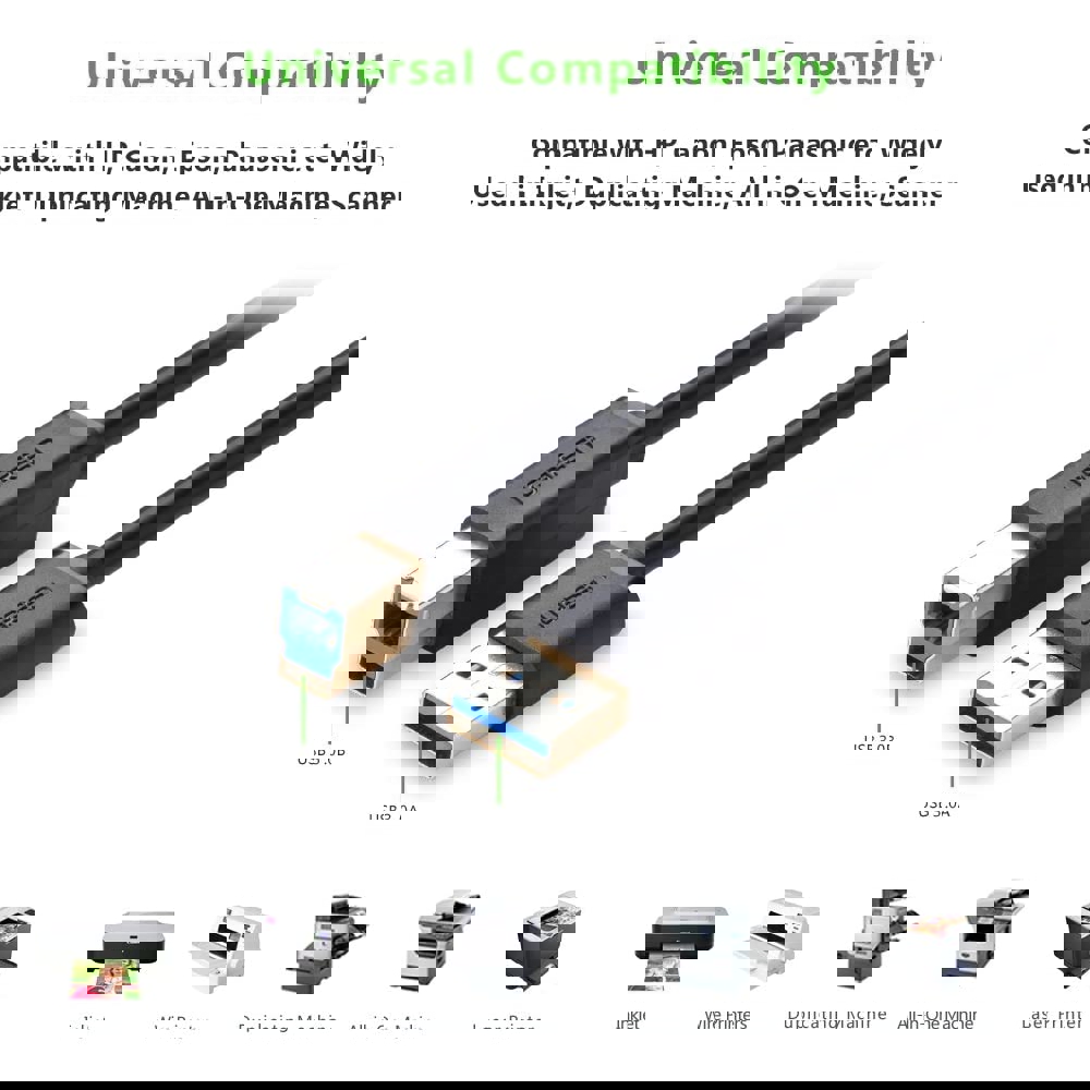 UGREEN US210 (10372), Printer Cable, USB-B to USB-A Print Cable, 2m, Black