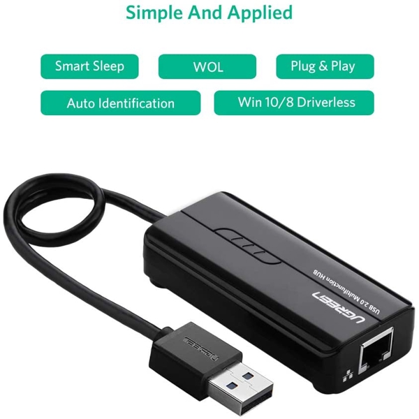 ქსელის ბარათი UGREEN 20264 USB 2.0 10/100Mbps USB to Lan + 3Port USB HUB Network Adapter