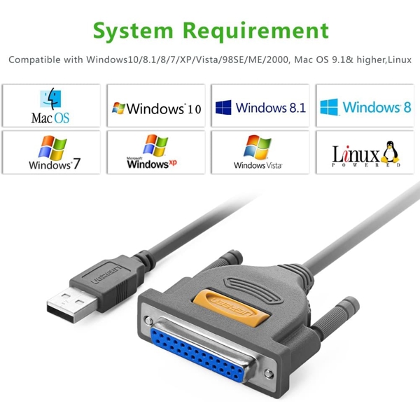 პრინტერის კაბელი UGREEN US167 (20224) USB to DB25 Parallel Printer Cable 2m