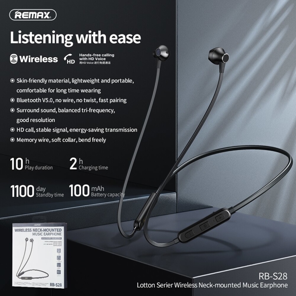 ბლუთუზ ყურსასმენი REMAX Wirless Neck-Mounted Music Earphone RB-S28 black