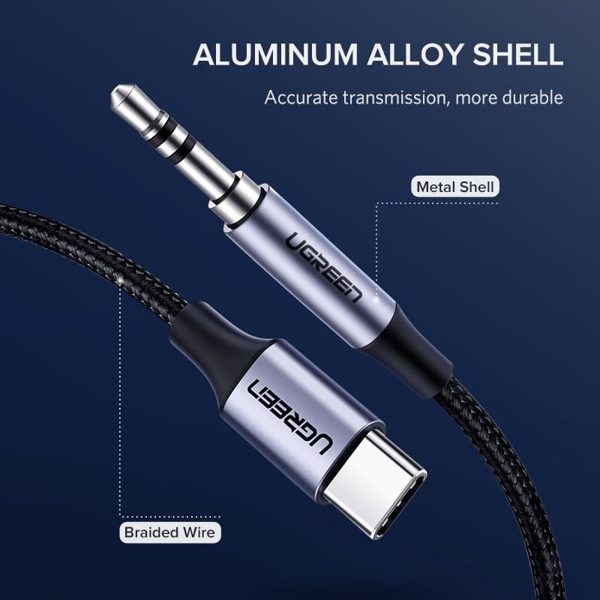 აუდიო კაბელი UGREEN AV143 (30633) Round Type-C to Aux USB-C Audio Cable 3.5mm Aluminum Shell 1m (Deep Gray)