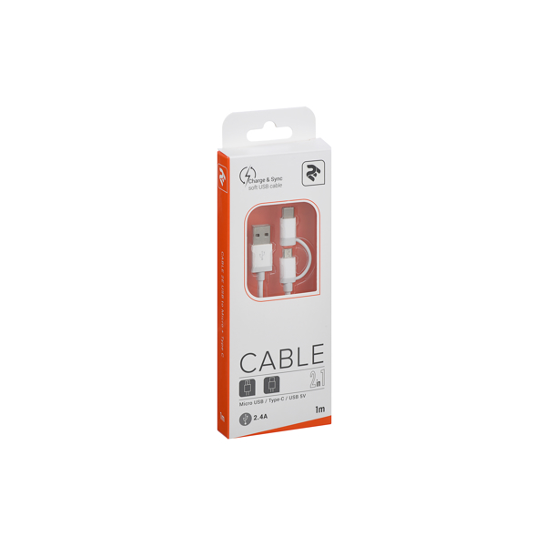 USB კაბელი 2E Cable USB to Micro Type C 5V/2.4A White 1m