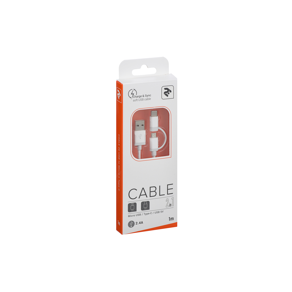 USB კაბელი 2E Cable USB to Micro Type C 5V/2.4A White 1m