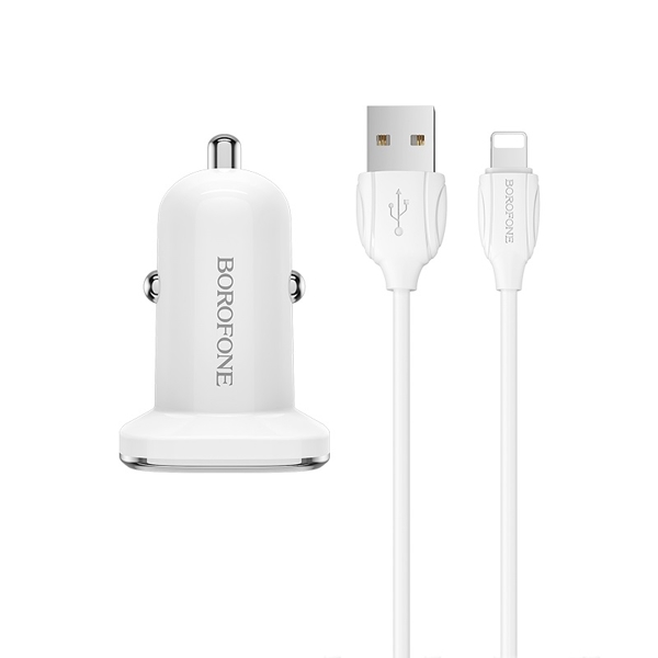 მანქანის USB დამტენი BOROFONE BZ12 Lasting power double port in-car charger set(Lightning) white