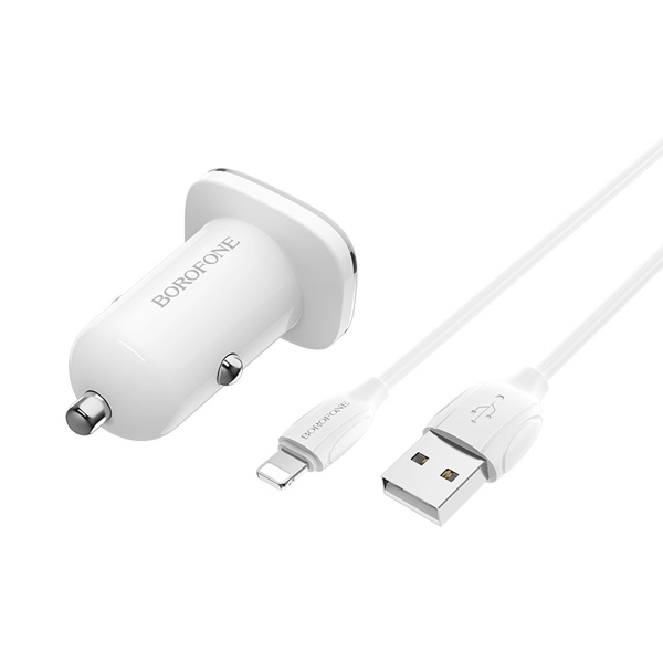 მანქანის USB დამტენი BOROFONE BZ12 Lasting power double port in-car charger set(Lightning) white