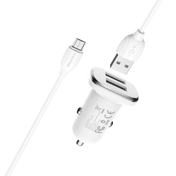 BOROFONE BZ12 Lasting power double port in-car charger set(Micro) white