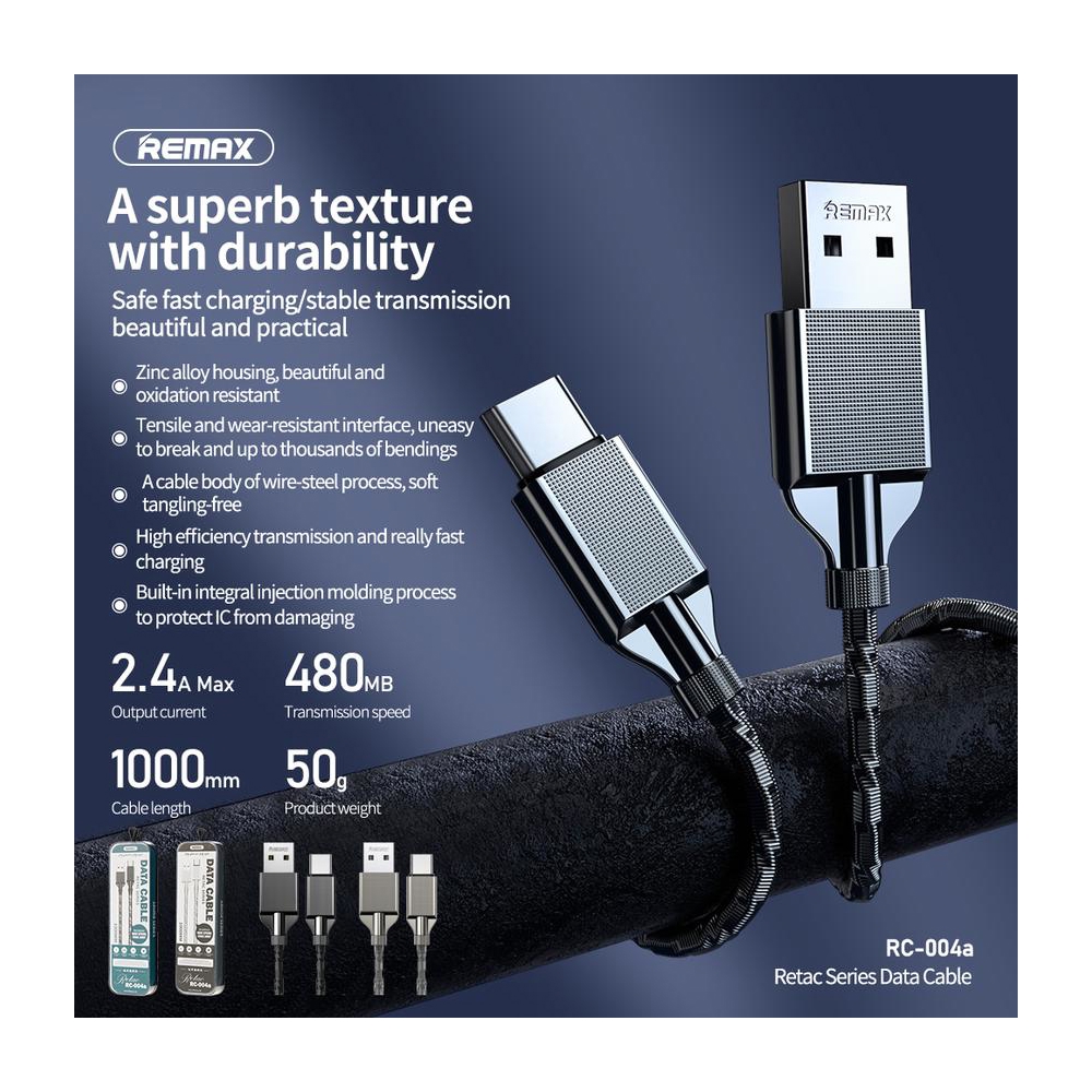 USB კაბელი REMAX Retac Series 2.4A Data Cable RC-004a Type-C 1M Silver
