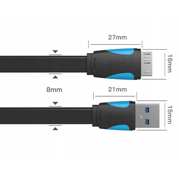 USB კაბელი VENTION VAS-A12-B200 Flat USB3.0 A Male to Micro B Male Cable 2M Black