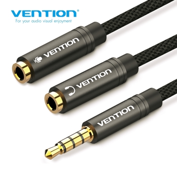 VENTION BBMBY Fabric Braided 4 Pole 3.5mm Male to 2*3.5mm Female Stereo Splitter Cable 0.3M Black Metal Type