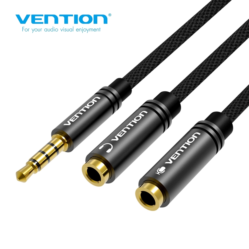 VENTION BBMBY Fabric Braided 4 Pole 3.5mm Male to 2*3.5mm Female Stereo Splitter Cable 0.3M Black Metal Type