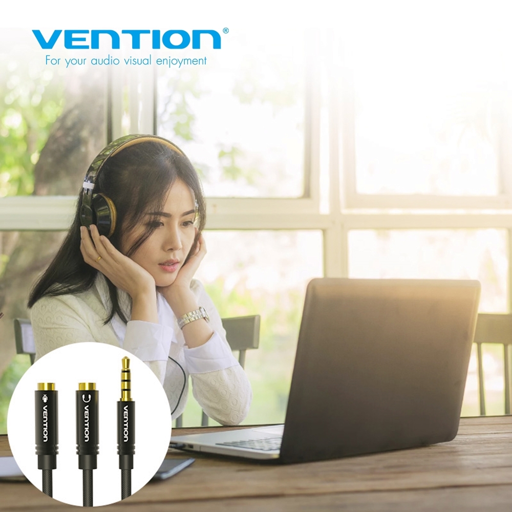 VENTION BBMBY Fabric Braided 4 Pole 3.5mm Male to 2*3.5mm Female Stereo Splitter Cable 0.3M Black Metal Type