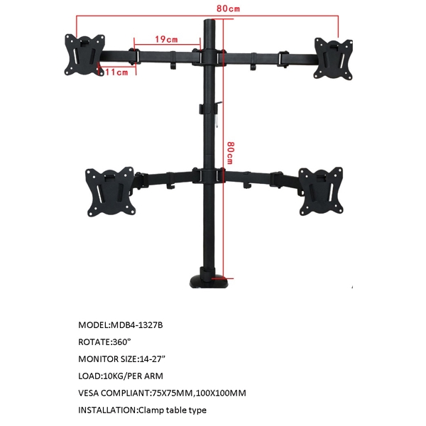 4 მონიტორის საკიდი ALLSCREEN MDB4-1327B Triple Monitor Desk Mount Quad-Display MONITOR SIZE:13"-27"