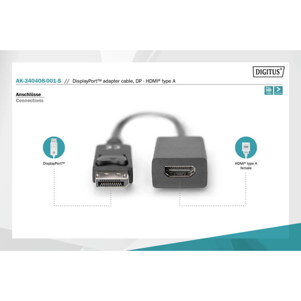 ადაპტერი DIGITUS DisplayPort adapter cable, DP - HDMI type A