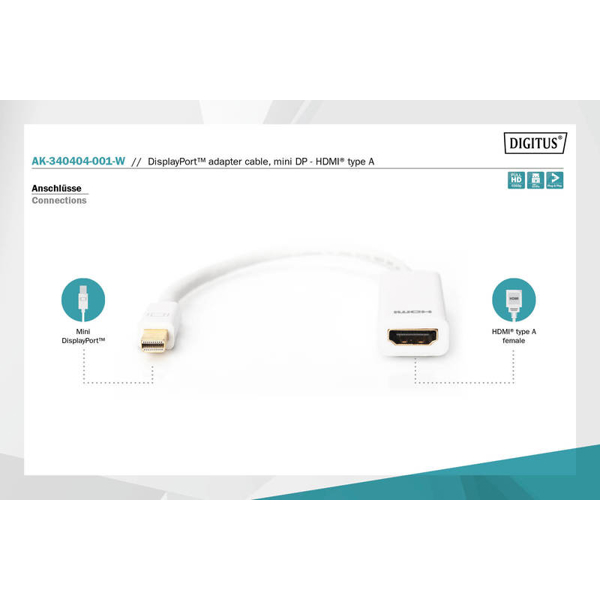 ადაპტერი DIGITUS DisplayPort adapter cable, mini DP - HDMI type A