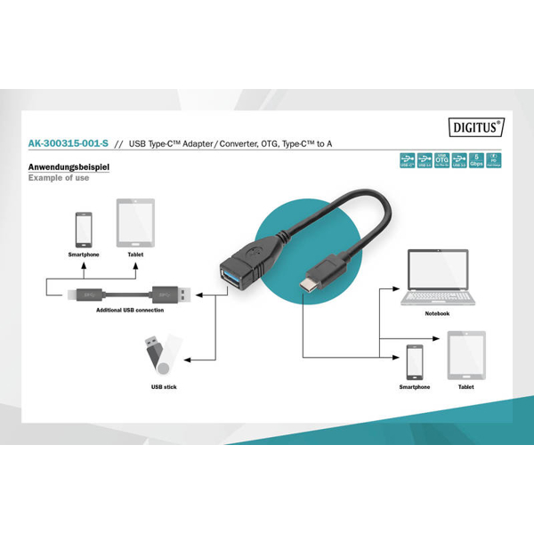 USB ადაპტერი DIGITUS USB Type-C adapter cable, OTG, type C - A