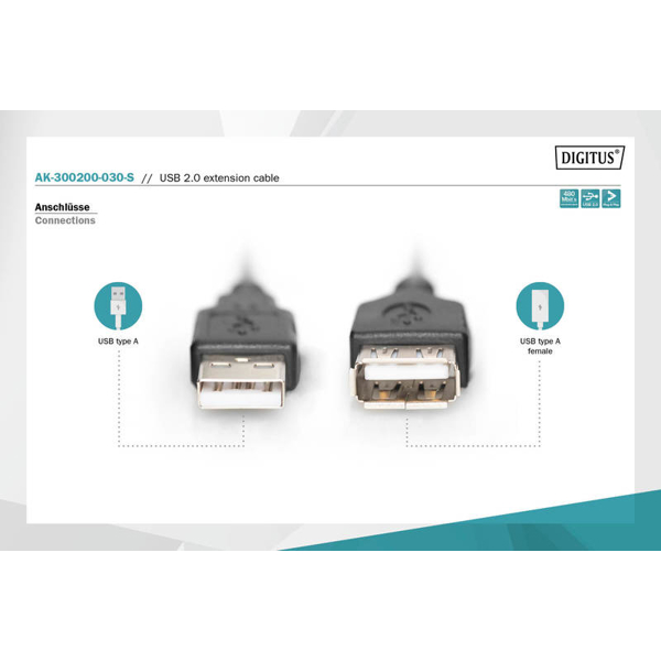 USB კაბელი DIGITUS USB extension cable, type A