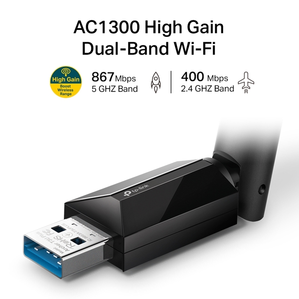 Archer T3U Plus, TP-Link, AC1300 High Gain Wireless Dual Band USB Adapter