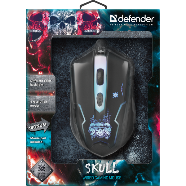 მაუსი DEFENDER Skull GM-180L black,6 buttons, 3200dpi