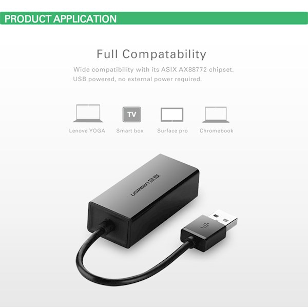 LAN ადაპტერი UGREEN EA20254 (20254), USB to LAN 10/100Mbps Ethernet Adapter, Black