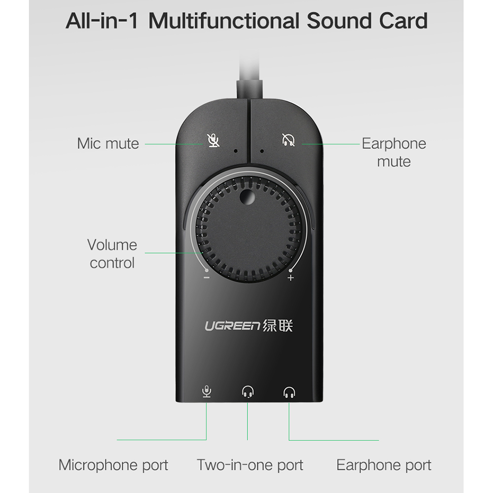 ხმის ბარათი UGREEN CM129 (40964), USB External Stereo Sound, Card 3.5mm Mini Jack With Volume Control Adapter, 15cm, Black