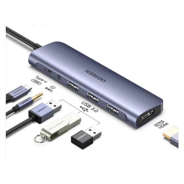 USB ჰაბი UGREEN CM136 (80132) USB-C To HDMI + 3xUSB 3.0 + AUX 3.5mm + PD Power Converter, Grey