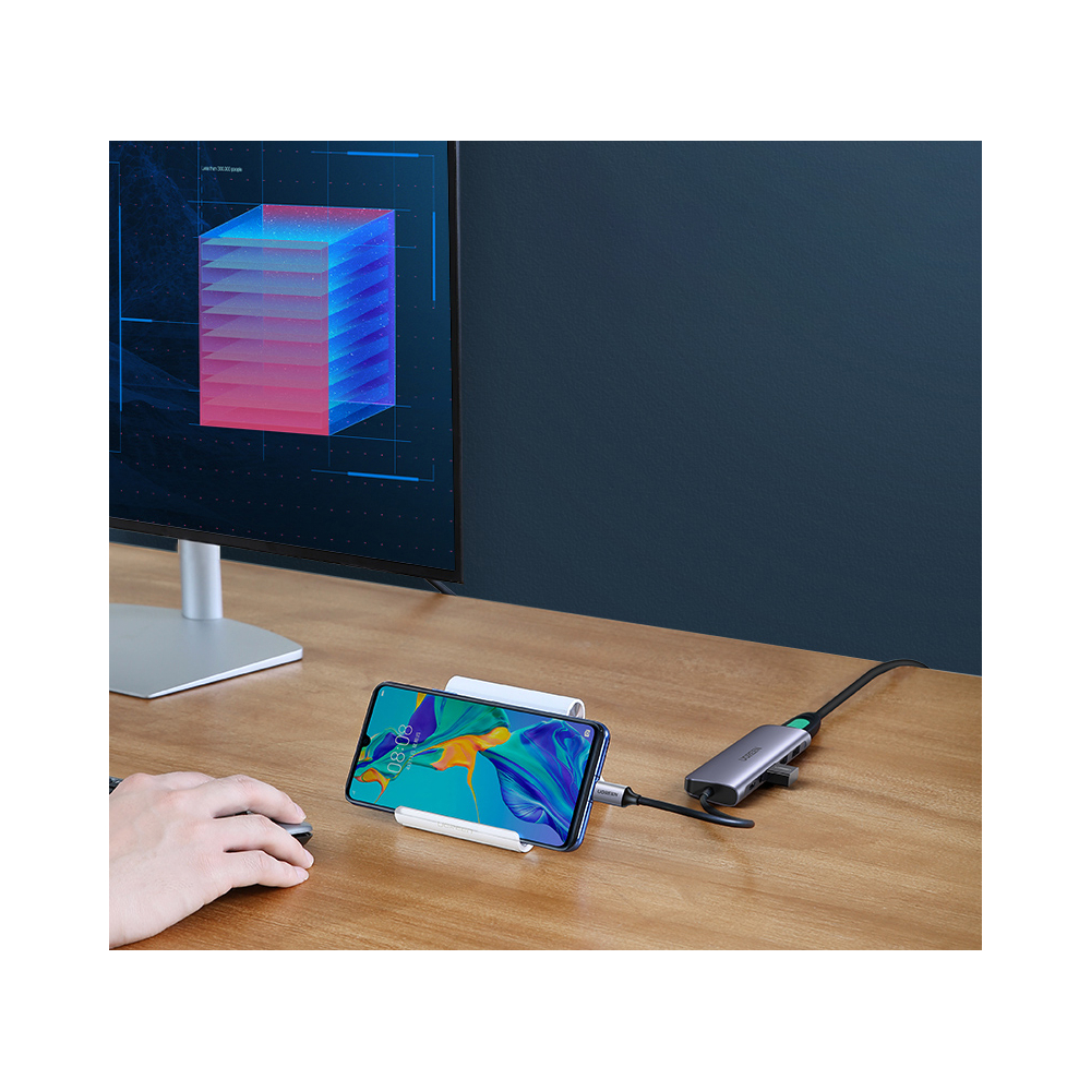 USB ჰაბი UGREEN CM136 (80132) USB-C To HDMI + 3xUSB 3.0 + AUX 3.5mm + PD Power Converter, Grey