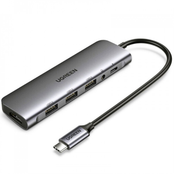 USB ჰაბი UGREEN CM136 (80132) USB-C To HDMI + 3xUSB 3.0 + AUX 3.5mm + PD Power Converter, Grey