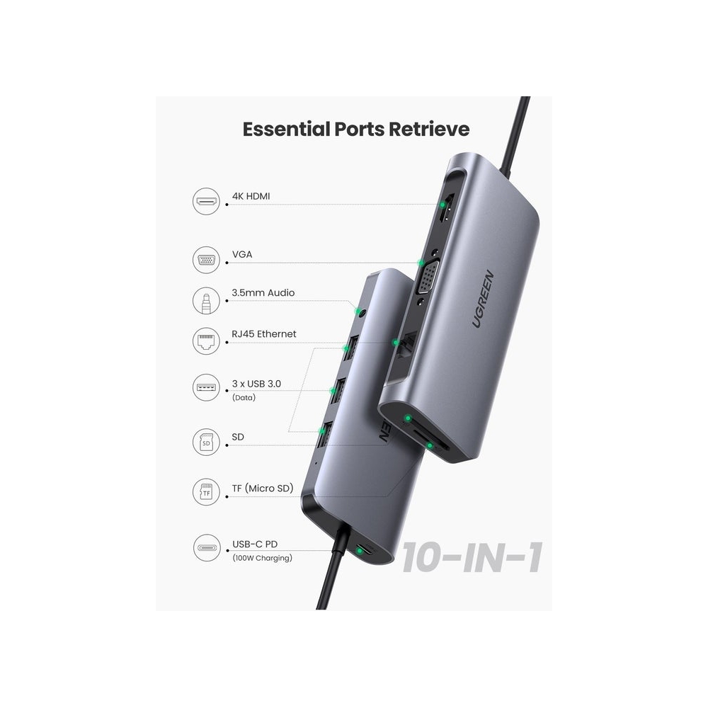 USB ჰაბი UGREEN (80133) USB-C with Ethernet 4K USB C to HDMI VGA PD Power Delivery 3 USB 3.0 Ports USB C to 3.5mm SD TF Cards Reader for MacBook Pro Air and Type C Windows Laptops (Space Gray)