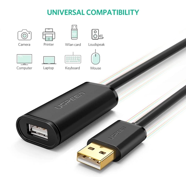 USB დამაგრძელებელი UGREEN 10321, USB Male to USB Female Active Extension Cable with Chipset, 10m, Black