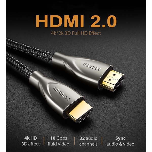 HDMI კაბელი UGREEN 50108, HDMI 2.0 4K Carbon Fiber Zinc Alloy Cable, 2m, Gray