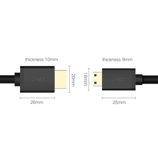 HDMI კაბელი UGREEN 11167, Mini HDMI to HDMI 2.0 4K Cable, 1.5m, Black