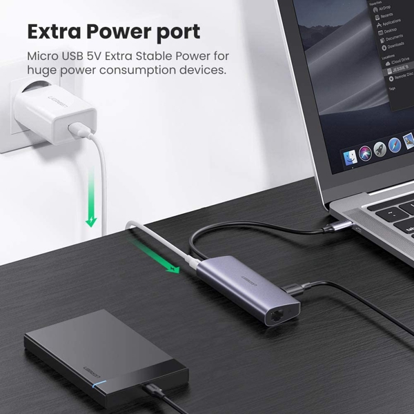 მულტიფუნქციური ადაპტერი UGREEN 60718, USB-C to 3 x USB 3.0 + RJ45 + Micro USB, Multifunction Adapter, Grey