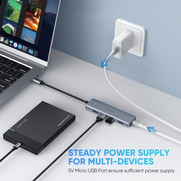 USB-C ჰაბი UGREEN CM219 (70336) 4-Port USB, Type-C Power Supply, Silver