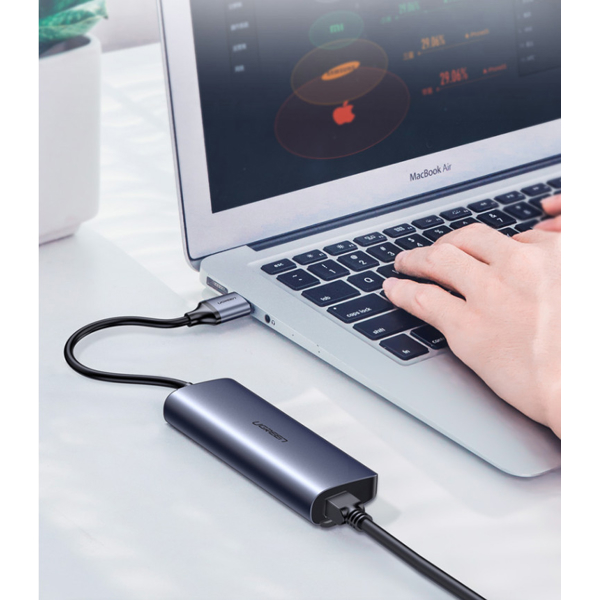 USB ჰაბი UGREEN (60717) USB-C To 3*USB 3.0 A HUB+ Gigabit Converter