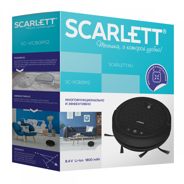 რობოტი მტვერსასრუტი Scarlett SC-VC80R12 Robot Vacuum Cleaner, Step sensor Black