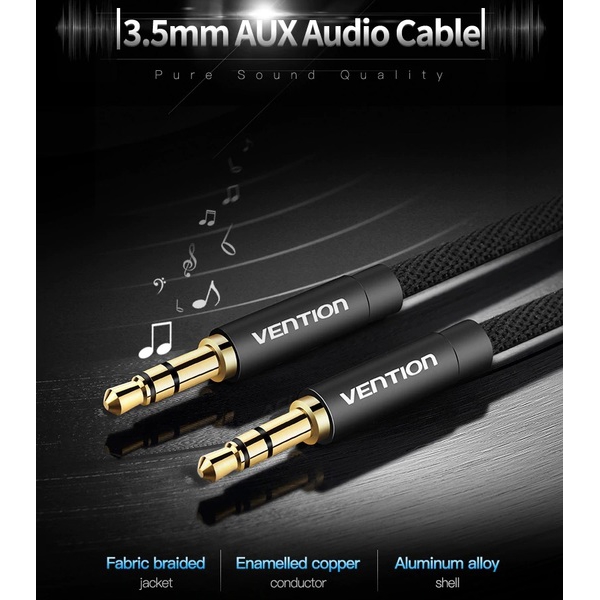 აუდიო კაბელი VENTION P350AC050-B-M 3.5mm Male to Male Audio Cable 0.5M Black