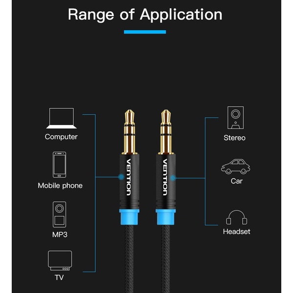 აუდიო კაბელი VENTION P350AC050-B-M 3.5mm Male to Male Audio Cable 0.5M Black