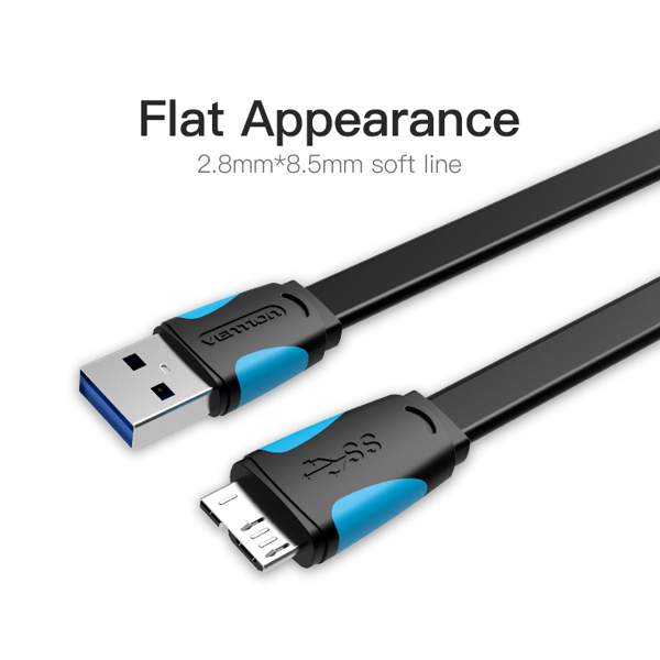 USB კაბელი VENTION VAS-A12-B150 Flat USB3.0 A Male to Micro B Male Cable 1.5M Black