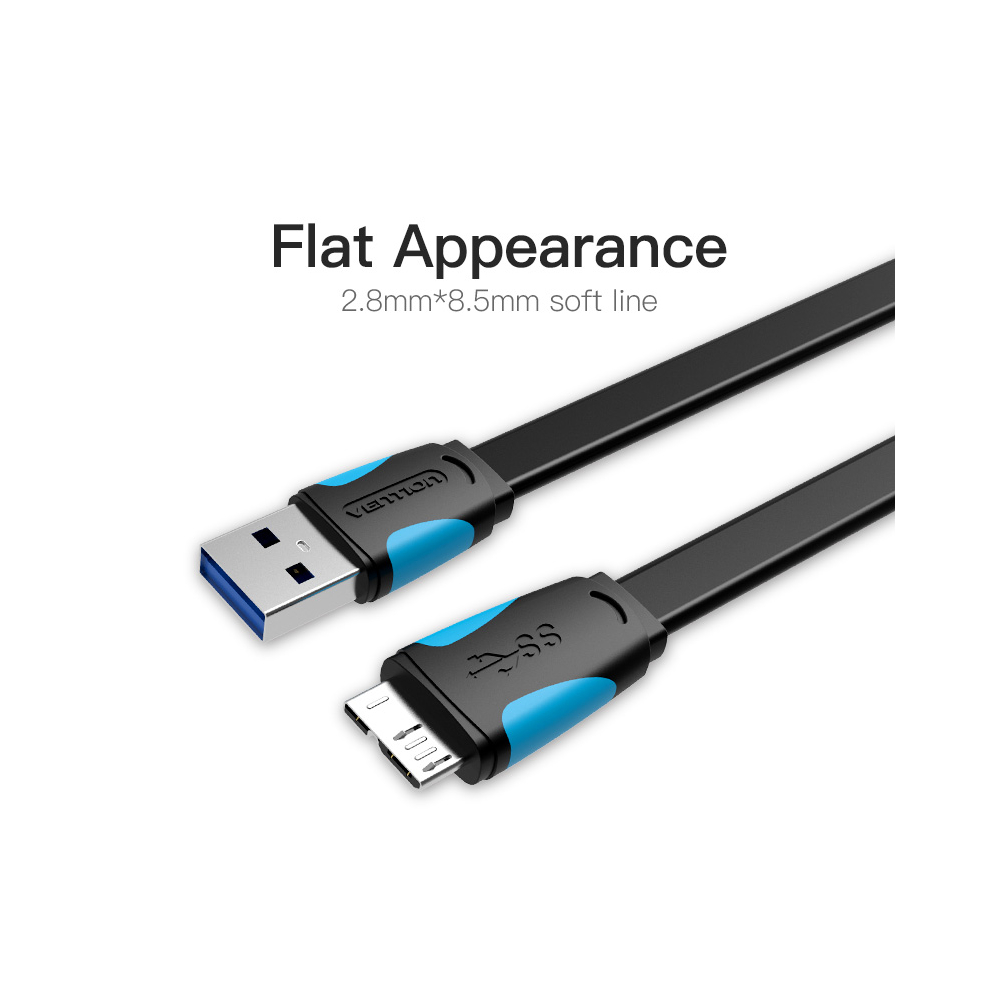 USB კაბელი VENTION VAS-A12-B150 Flat USB3.0 A Male to Micro B Male Cable 1.5M Black
