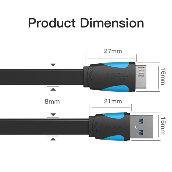 USB კაბელი VENTION VAS-A12-B150 Flat USB3.0 A Male to Micro B Male Cable 1.5M Black