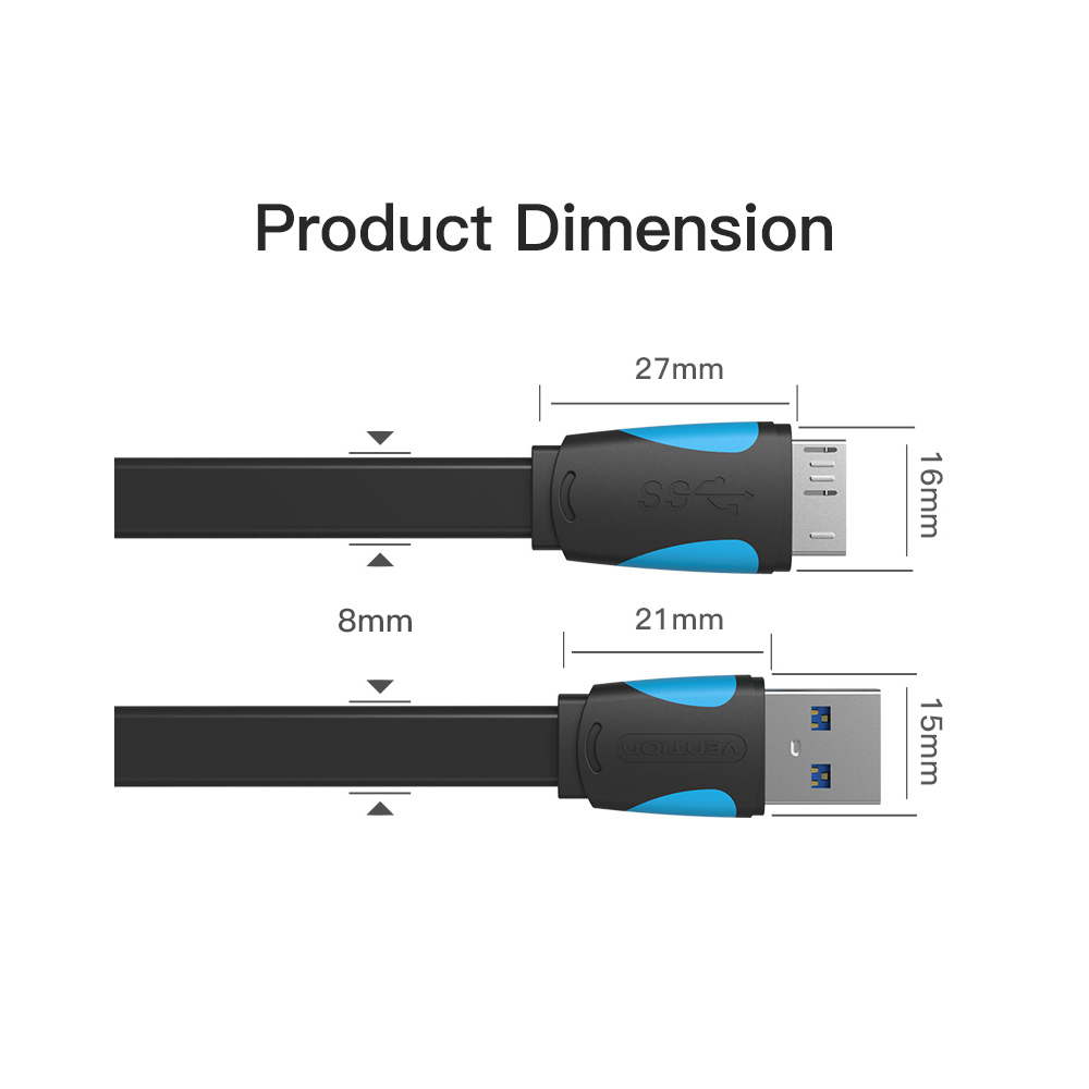 USB კაბელი VENTION VAS-A12-B150 Flat USB3.0 A Male to Micro B Male Cable 1.5M Black