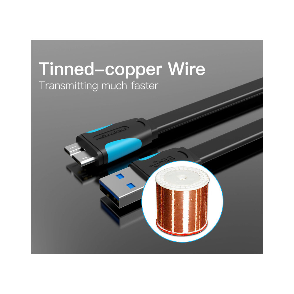 USB კაბელი VENTION VAS-A12-B150 Flat USB3.0 A Male to Micro B Male Cable 1.5M Black