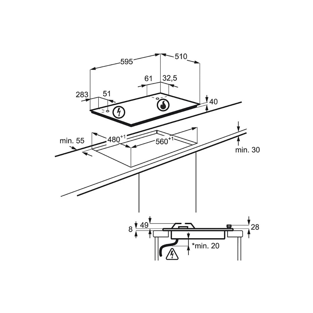 ჩასაშენებელი ქურის ზედაპირი Electrolux GPE263MB Hob, Built-in, Mechanical, Gas Black