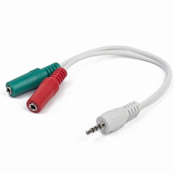 ადაპტერი Gembird CCA-417W 3.5 mm 4-pin plug to 3.5 mm stereo + microphone sockets adapter cable, white