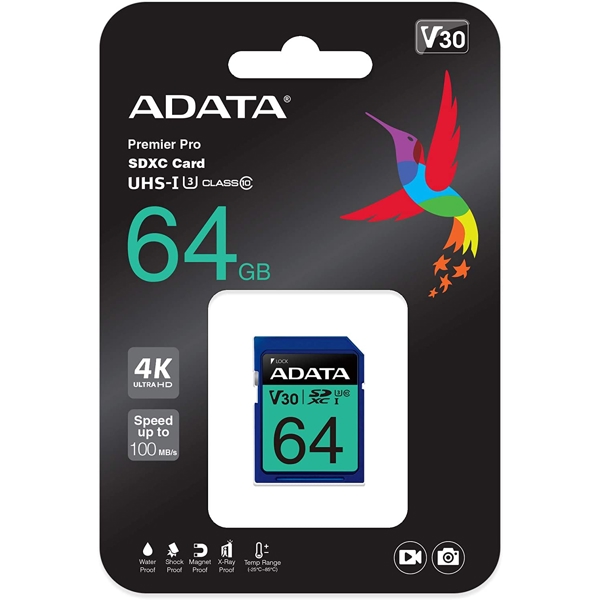 მეხსიერების ბარათი ADATA ASDX64GUI3V30S-R, SDXC64GBUHS-I U3 V30S(R100MB/s) RETAIL