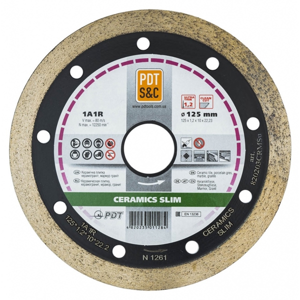 კუთხსახეხის დისკი PDT  Diamond cutting disc Diamond cutting disc 1A1R-125 CERAMICS SLIM 125x1,2x22,2 granite, marble, porcelain stoneware, ceramics.