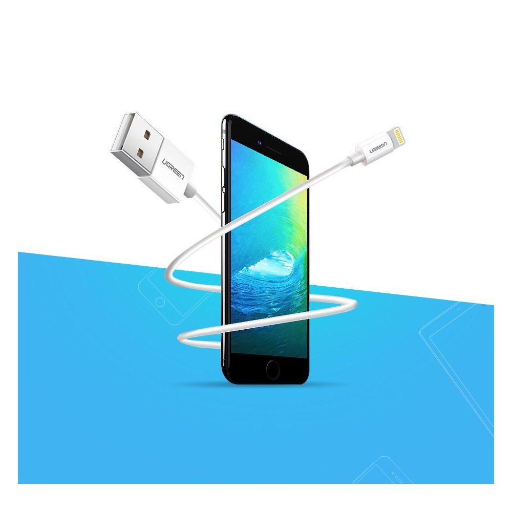 USB კაბელი UGREEN 20730 MFi USB 2.0 A Male to Lightning Male Cable Nickel Plating ABS Shell 2m (White)