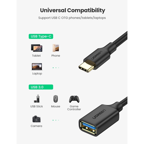 OTG კაბელი UGREEN 30701 USB-C Male to USB 3.0 Female OTG Cable Black USB 3.0 15 cm