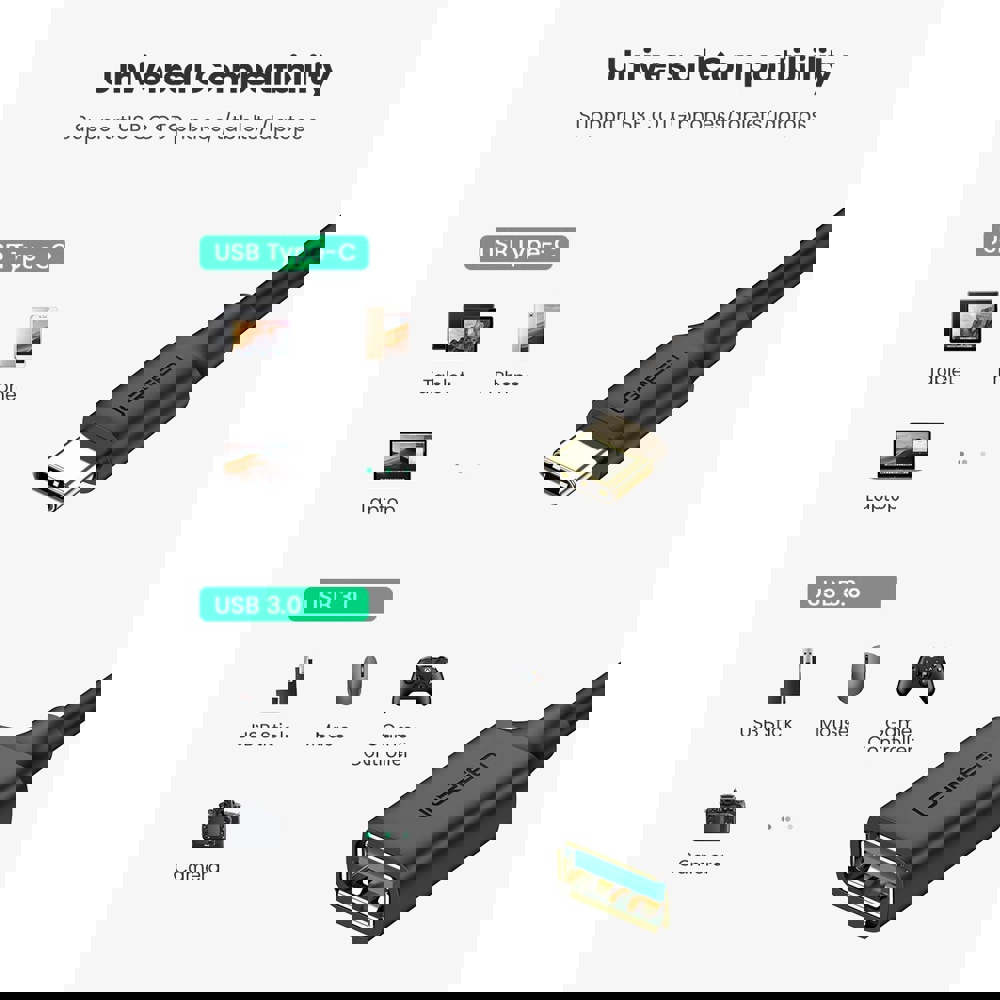 USB კაბელი UGREEN US154 (30701), Type-C Male to USB 3.0 Female OTG Cable, 15cm, Black