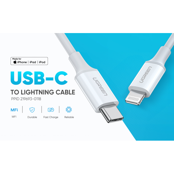 მობილურის USB დამტენი UGREEN 60749 MFi USB-C to Lightning M/M Cable Rubber Shell 2m (White)